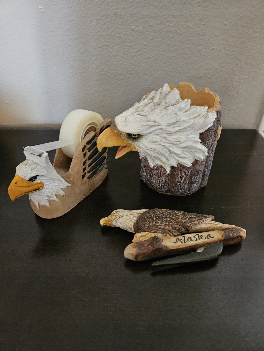 Bald Eagle Desk Set - Pen & Pencil Cup, Tape Dispenser and Letter Opener
